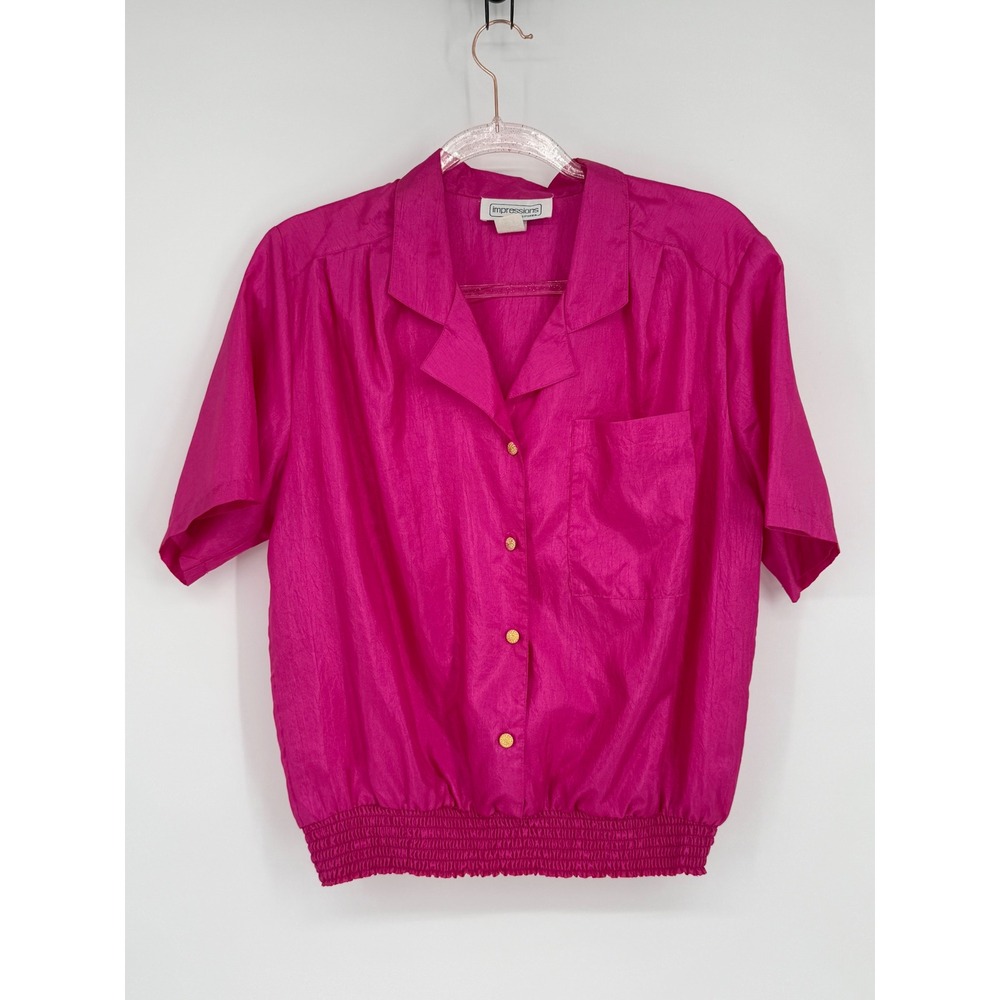 Impressions of California VTG Pink Button Down Blouse Smocked Waist Women Sz 12